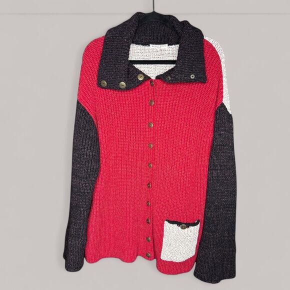 Margaret Winters Boho Classic Colorblock Patchwork Chunky Knit Sweater Cardigan - Picture 1 of 9